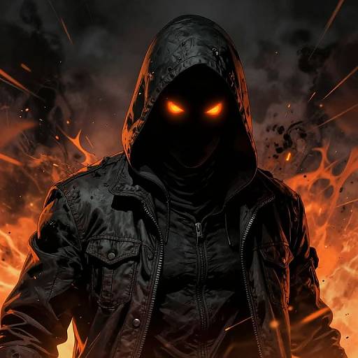 Digital artwork of a hooded figure with glowing orange eyes, wearing a black raincoat, standing in front of intense orange flames. Dark, smoky