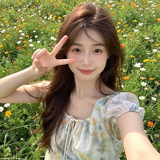 Photograph of a smiling Asian woman with long brown hair, wearing a floral dress, making a peace sign in a sunny meadow filled with white and