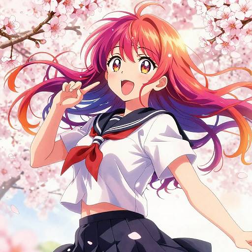 Anime-style digital drawing of a happy, red-haired girl in a sailor school uniform, pointing to her cheek, surrounded by cherry blossoms.