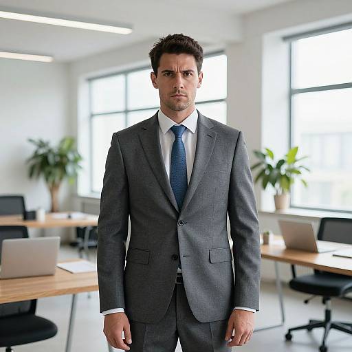 Photograph of a serious, dark-haired man in a gray suit, blue tie, standing in a bright, modern office with large windows and potted
