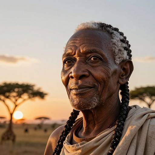 Photograph of an elderly African man with dark skin, braided hair, and a warm smile, wearing a beige cloth, against a sunset-lit