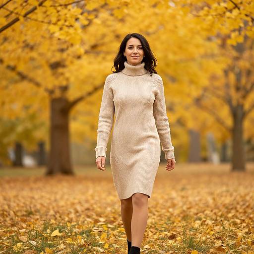 Photograph of a smiling woman with long dark hair, wearing a cream knit turtleneck dress, walking through an autumn park with yellow-leaved trees