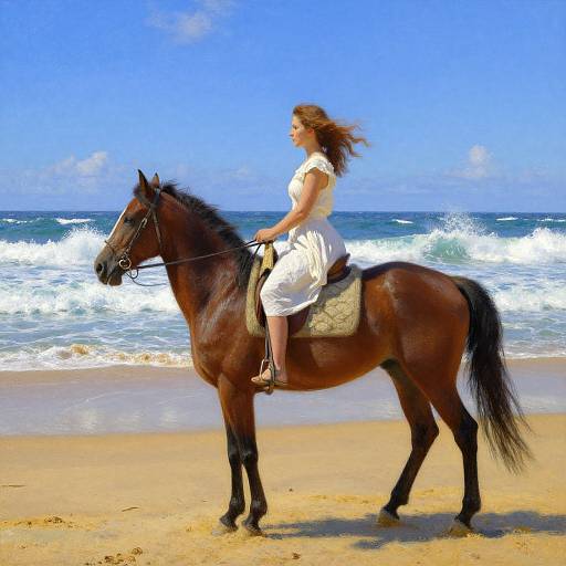 Photograph of a woman with wavy brown hair in a white dress, riding a brown horse on a sunny beach with waves crashing in the background.