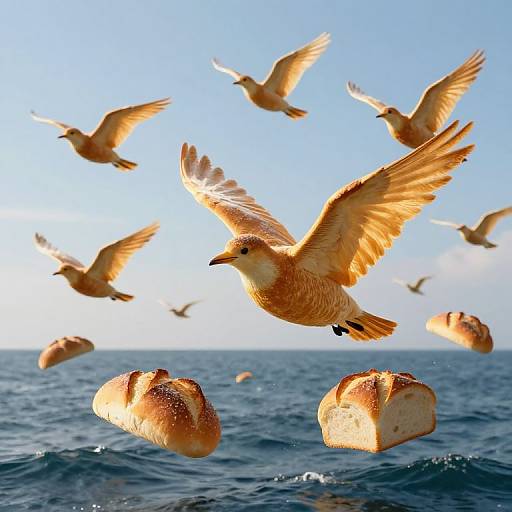 Photograph of golden-brown seagulls with outstretched wings flying over a blue ocean, surrounded by floating loaves of bread. Bright sunlight
