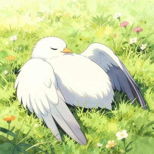 Digital illustration of a white bird with closed eyes, lying in bright green grass with yellow and pink flowers, basking in sunlight.