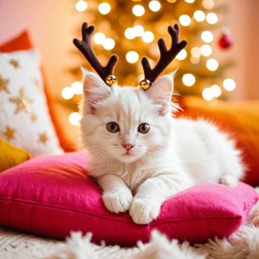 Fluffy Kitten with Reindeer Antlers on Pink Cushion