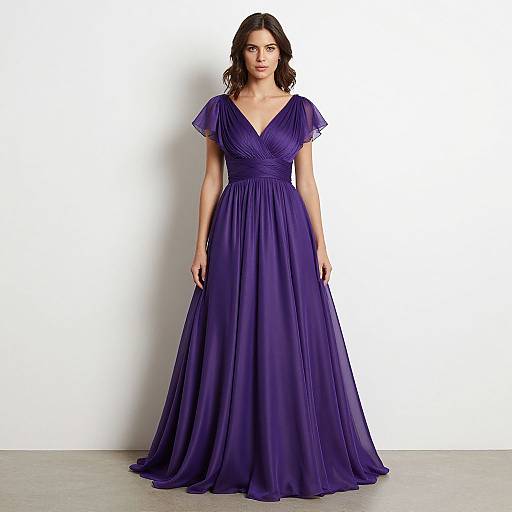 Photograph of a woman with dark hair in a deep V-neck, short-sleeve, purple evening gown, standing against a plain white background.