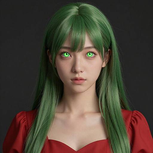 Photorealistic Woman in Red Dress, Glowing Eyes
