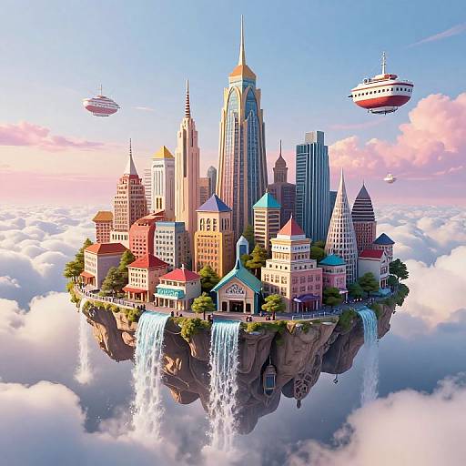 Digital art of a futuristic, floating city with tall skyscrapers, waterfalls, and flying ships in a cloudy sky at sunset.