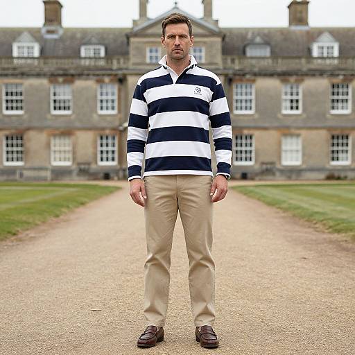 Photograph of a man with short brown hair, wearing a black and white striped polo, beige pants, and brown shoes, standing on a gravel path