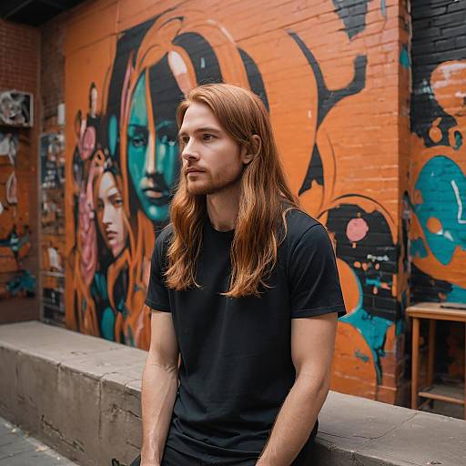 Serene Interaction with Vibrant Mural