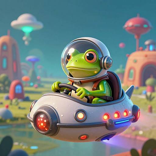 CGI image of a green frog in a white space helmet and retro-futuristic car, flying over a colorful, sci-fi landscape with floating buildings