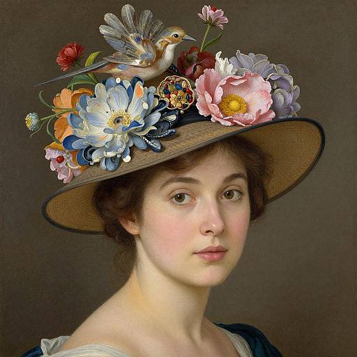 Photograph-style digital painting of a fair-skinned young woman with brown hair, wearing a large hat adorned with flowers, a bird, and a clock