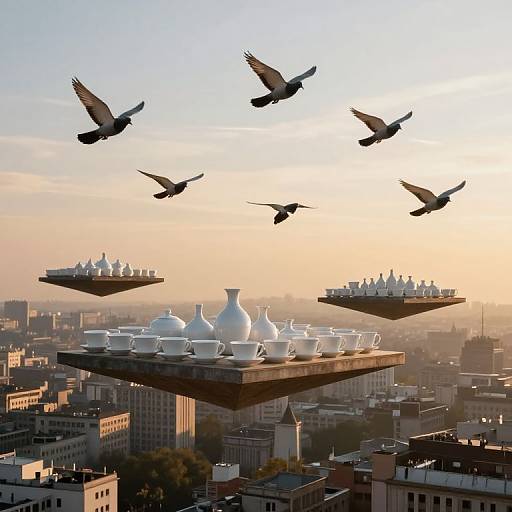 Photograph of floating tea sets above a cityscape at sunset, with six birds in flight silhouetted against the sky.