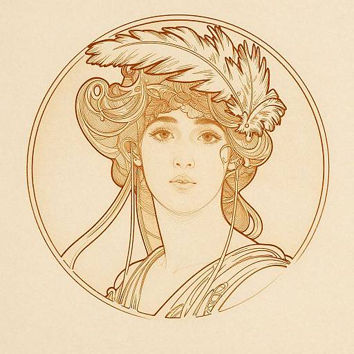 Sepia-toned ink drawing of a serene woman with elaborate feathered headpiece, circular frame, detailed hair curls, and calm expression.