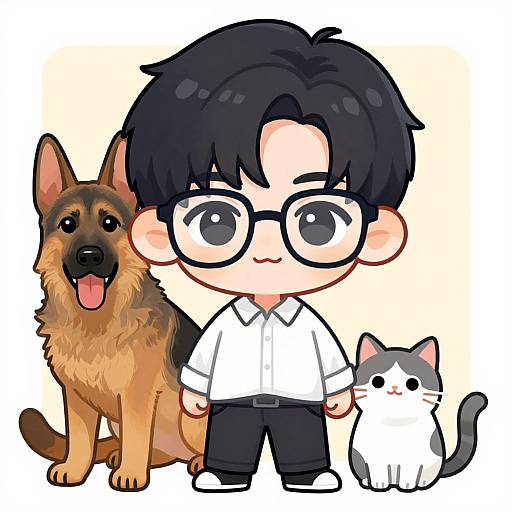 Chibi-style digital drawing of a boy with black hair and glasses, wearing a white shirt and black pants, standing between a German Shepherd and a white