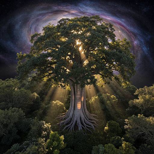 Photograph of a mystical tree with glowing light from its trunk, surrounded by dense foliage, and a cosmic nebula in the night sky.