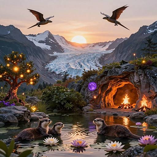 Magical Sunrise with Dragons and Glowing Nature