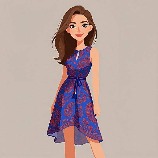 Digital illustration of a smiling woman with long brown hair, wearing a sleeveless, blue, paisley-patterned dress, standing against a white background.