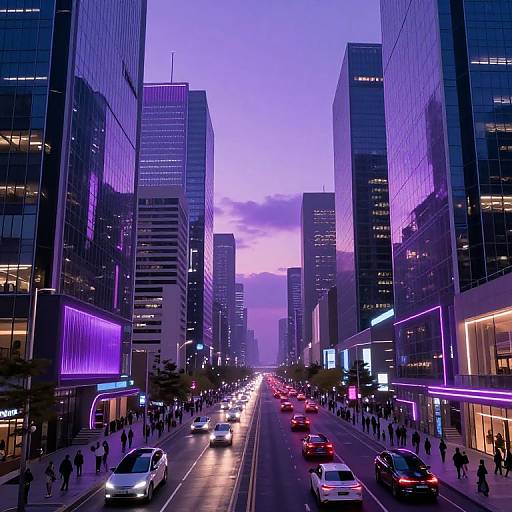 Photograph of a vibrant, purple-lit urban street at dusk, featuring tall, reflective skyscrapers, busy traffic, and pedestrians, with a