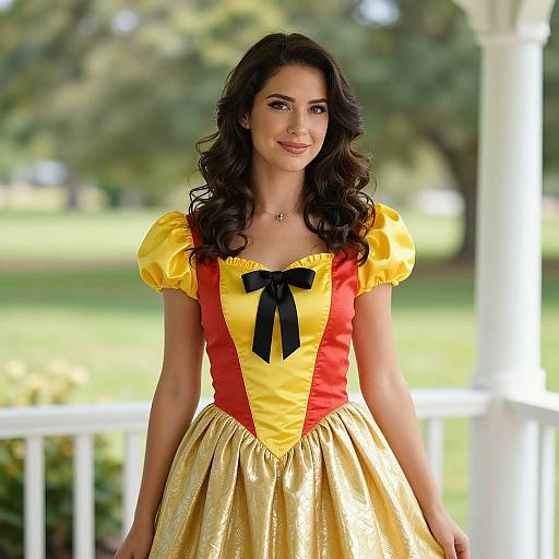 Photograph of a smiling woman with long, wavy dark hair, wearing a yellow and red Cinderella-inspired dress with a black bow, standing on
