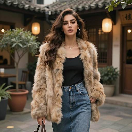 Photograph of a confident woman with long brown hair, wearing a furry beige coat, black top, high-waisted blue jeans, hoop earrings,