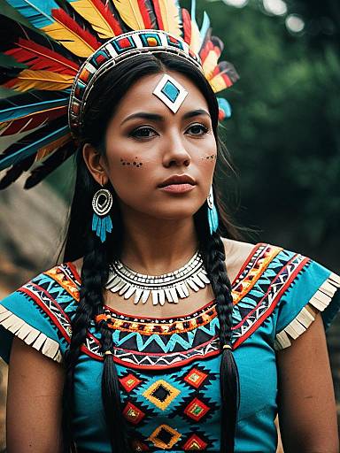 Photograph of a young woman with dark skin and long black hair, wearing a vibrant Native American-style headdress, turquoise dress, and intricate jewelry,