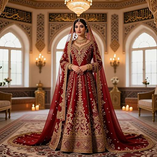 Photograph of an elegant South Asian bride in a rich red, gold-embroidered traditional lehenga with a long veil, standing in a luxurious