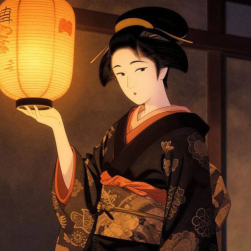 Traditional Japanese anime-style illustration of a young woman in a black floral kimono, holding a glowing orange paper lantern.