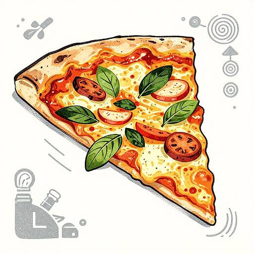 Colorful digital drawing of a slice of pizza with tomato, cheese, and basil, angled to the right, on a white background with gray circular patterns