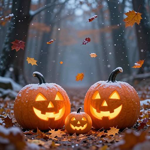 Photograph of three glowing jack-o'-lanterns with snow-dusted tops, illuminated in a snowy forest with falling autumn leaves.