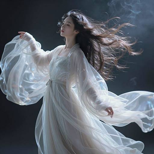 Photograph of a fair-skinned, long-haired woman in a flowing, translucent white dress, illuminated against a dark background, with ethereal, glowing