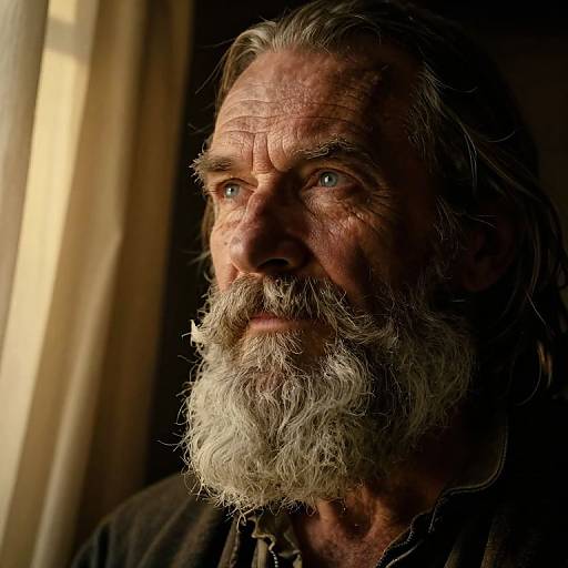 Photograph of a weathered, older man with a long, white beard, blue eyes, and sunlit face, standing against dark, draped curtains