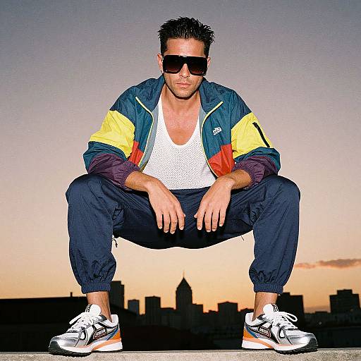Photograph of a muscular man with spiked hair, wearing dark sunglasses, a colorful track jacket, white tank top, and sneakers, squatting against a