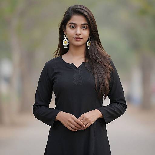 Photograph of a young Indian woman with long dark hair, wearing a black long-sleeve tunic, white daisy earrings, standing outdoors with