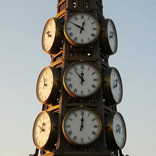 Photograph of a tall clock tower with twelve identical white clocks displaying different times, set against a clear blue sky.
