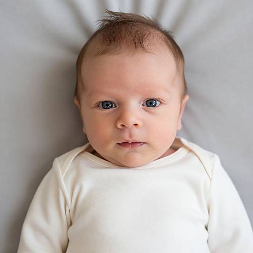 Photograph of a baby with blue eyes, light skin, and short brown hair, lying on a gray surface, wearing a white onesie.
