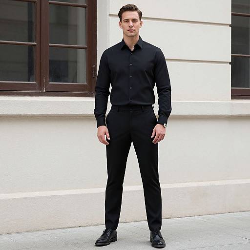 Photograph of a tall, handsome man with short brown hair, wearing a black button-up shirt, black pants, and black shoes, standing in front