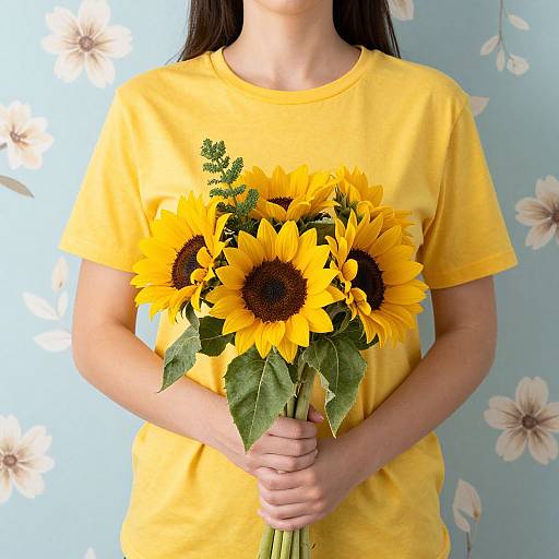 Photograph of a woman with long dark hair, wearing a yellow shirt, holding a bouquet of vibrant sunflowers against a blue floral-patterned background.