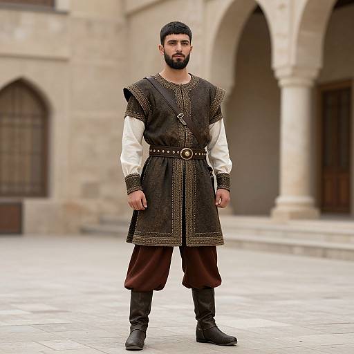 Photograph of a bearded man with dark hair, wearing medieval-style brown and white attire, standing in a stone courtyard with arches.
