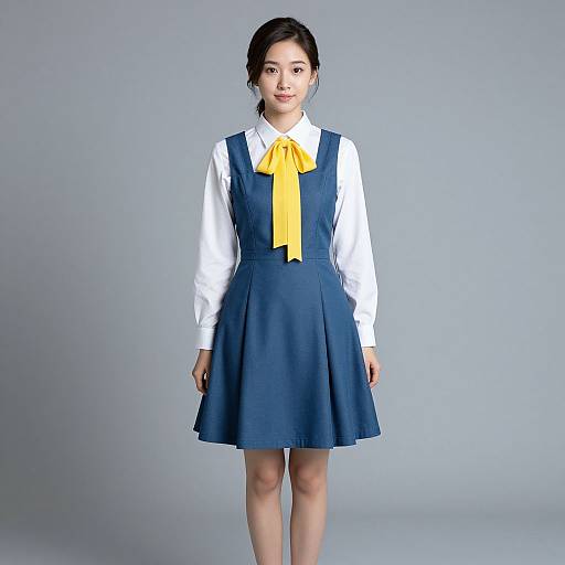 Photograph of an Asian woman with black hair in a bun, wearing a white blouse, navy blue pinafore dress with a large yellow bow,