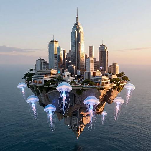 Digital artwork of a futuristic city island with skyscrapers, surrounded by glowing jellyfish, floating on a calm ocean at sunset.