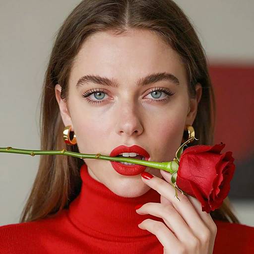 Woman Holding Red Rose with Intense Expression
