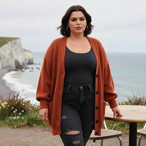 Photograph of a curvy woman with dark hair, wearing a black tank top, ripped jeans, and an orange cardigan, standing by a coastal