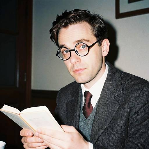 Photograph of a fair-skinned man with dark hair, wearing round glasses, black suit, white shirt, and maroon tie, reading a book
