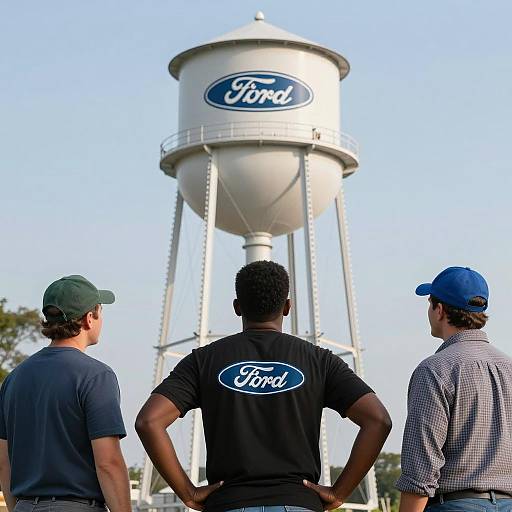Three Men by Ford Water Tower Scene