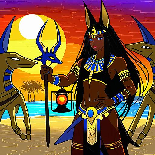 Illustration of Anubis (mythology), egyptian mythology in the style of Hammer (sunset beach)