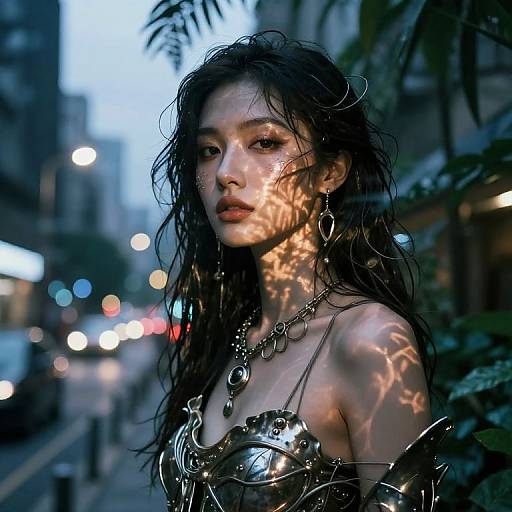 Photorealistic digital art of a wet, dark-haired Asian woman with intricate metallic armor, large hoop earrings, and city street lights casting shadows on her