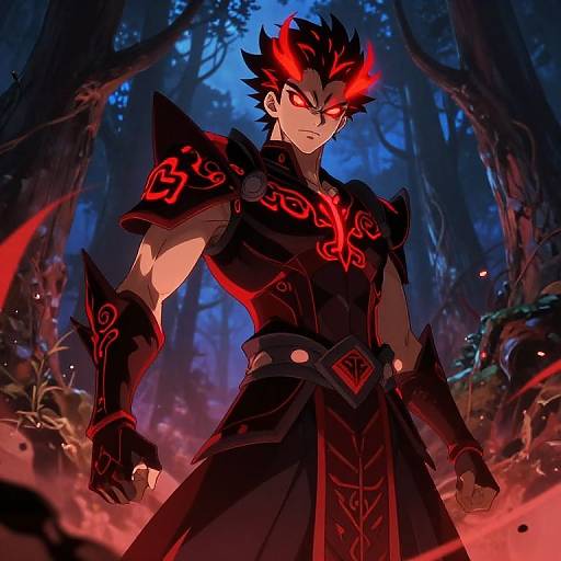 Digital anime artwork of a muscular, dark-haired male warrior with glowing red eyes and flames, wearing black armor with red emblems, standing in a dark