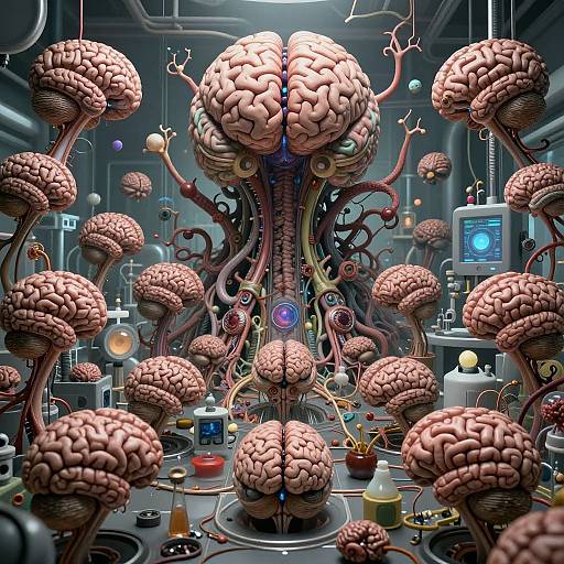 Digital art of a laboratory scene with multiple floating, brain-like organisms connected by tentacles, surrounded by test tubes, beakers, and scientific equipment,